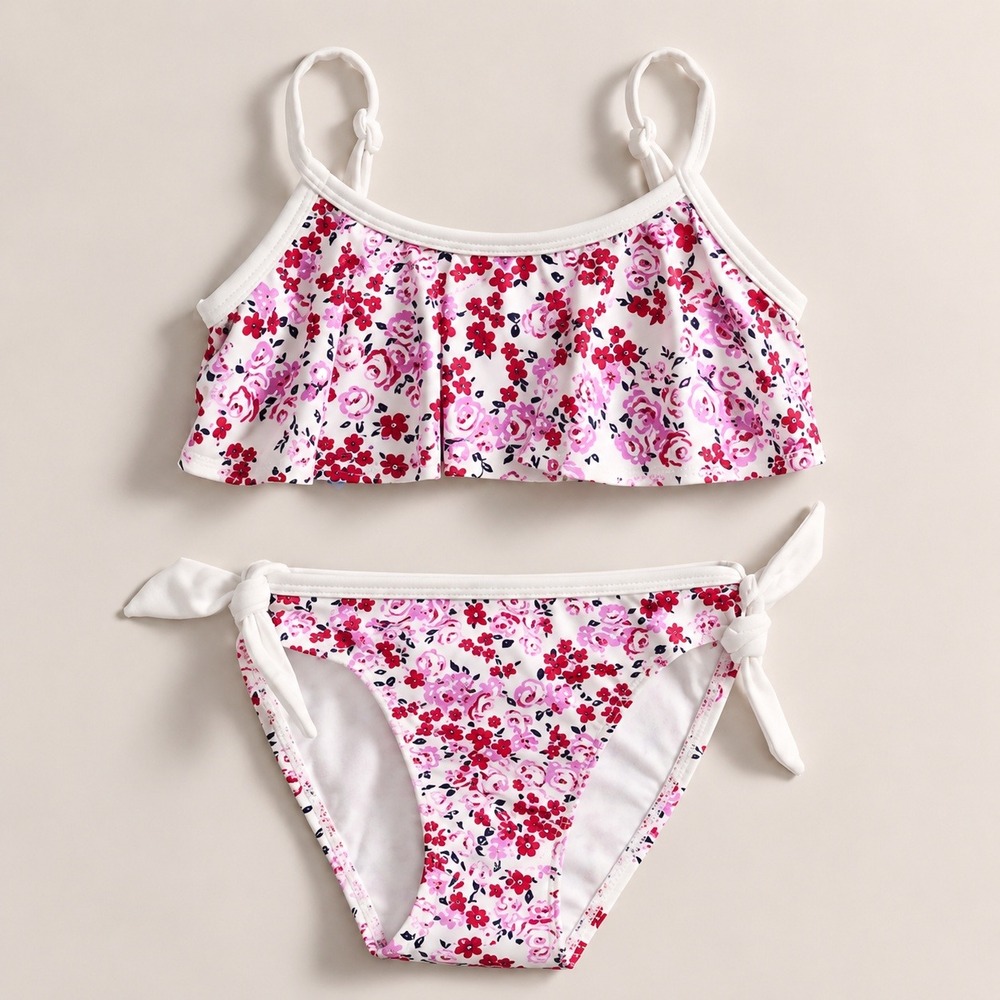 Snapper Rock Floral Flounce Bikini Swimsuit Beach Pool Vacation Trip Red Pink 3T